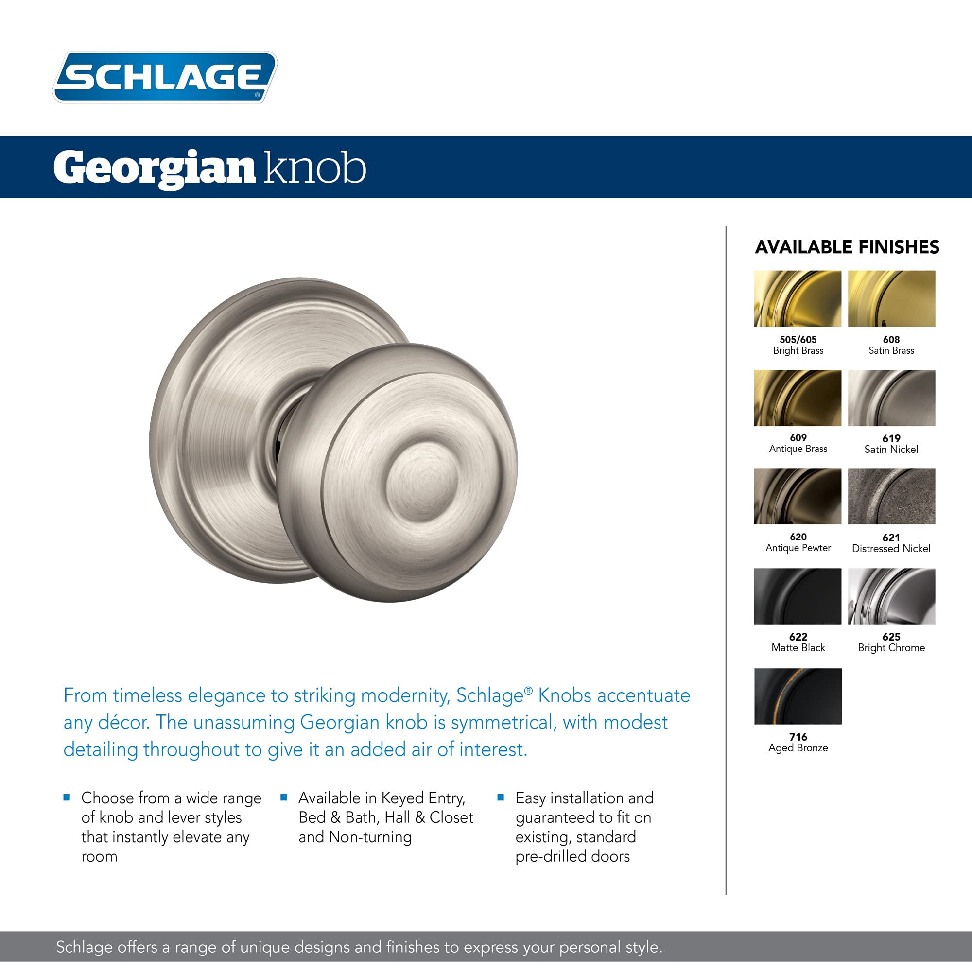 Schlage F40 V GEO 609 Georgian Door Knob, Bed & Bath Privacy Lock, Antique Brass C63