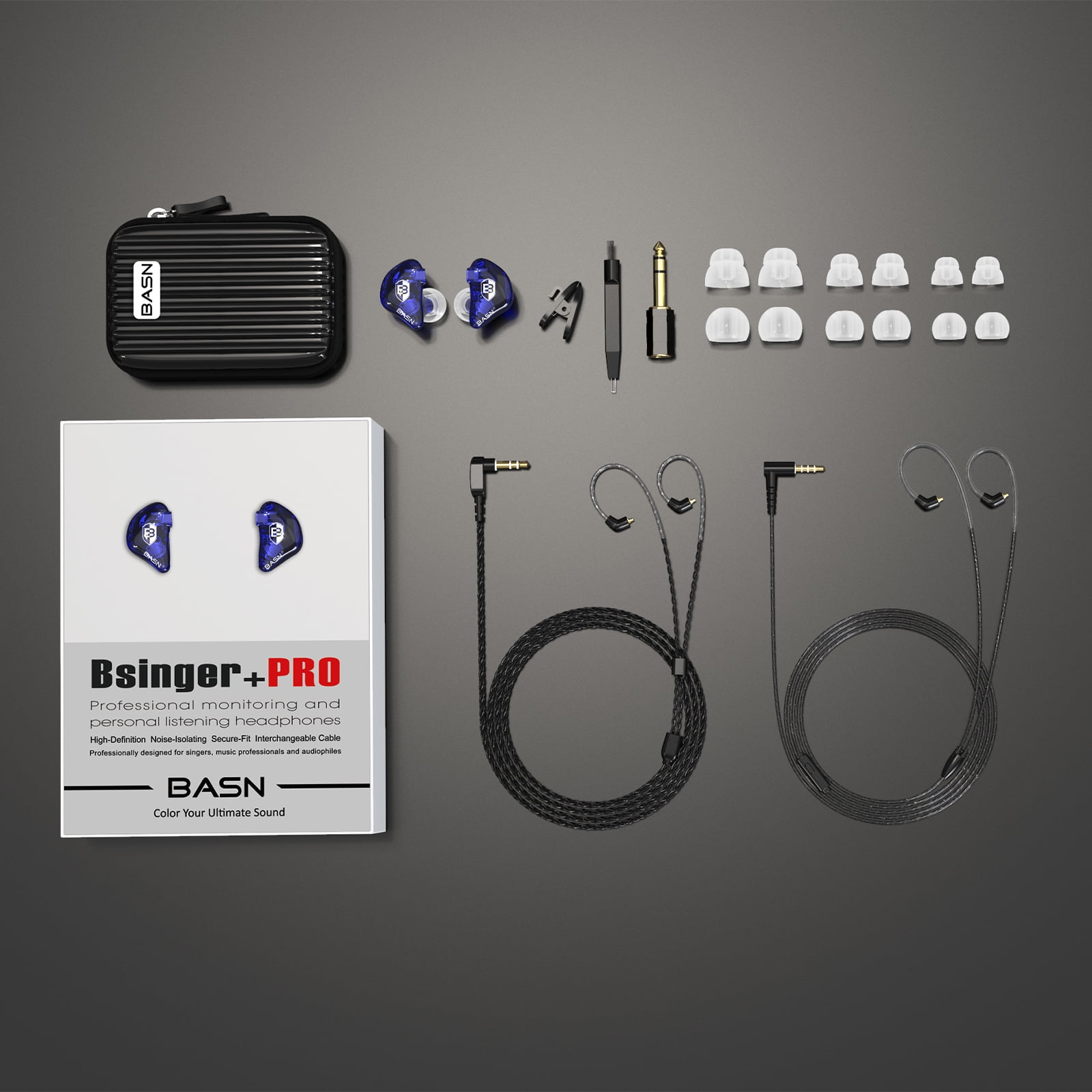BASN Bsinger PRO In-Ear Monitor Headphones for Musicians, Dynamic Driver Noise Isolating Earphones with 2 Detachable MMCX Cables (Blue)