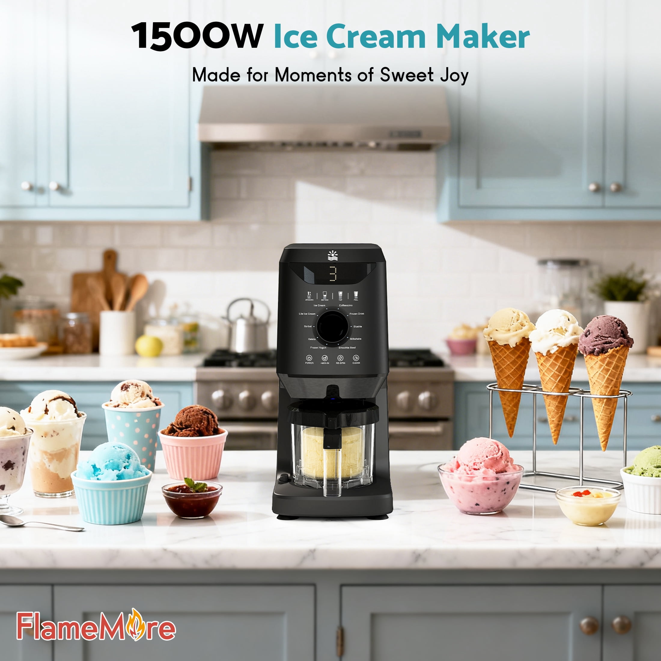 Flamemore 12-in-1 Ice Cream Maker with (2) Pint Containers &Lids, Self Cleaning, 1500W Frozen Yogurt Machine for Milkshake, Sorbet, Black
