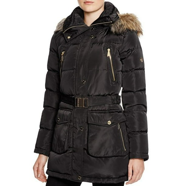 Michael Kors Woman S Black Faux, Black Faux Fur Hooded Belted Puffer Coat