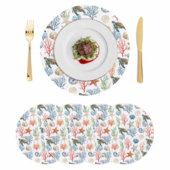 Ocean Marine Creature Round 15 Inch Placemats Set of 4, Watercolor Sea Turtle Starfish Coral HeatResistant Non Slip Place Mats for Dining Table, Wipeable Braided Kitchen Table Mats for Housewarming