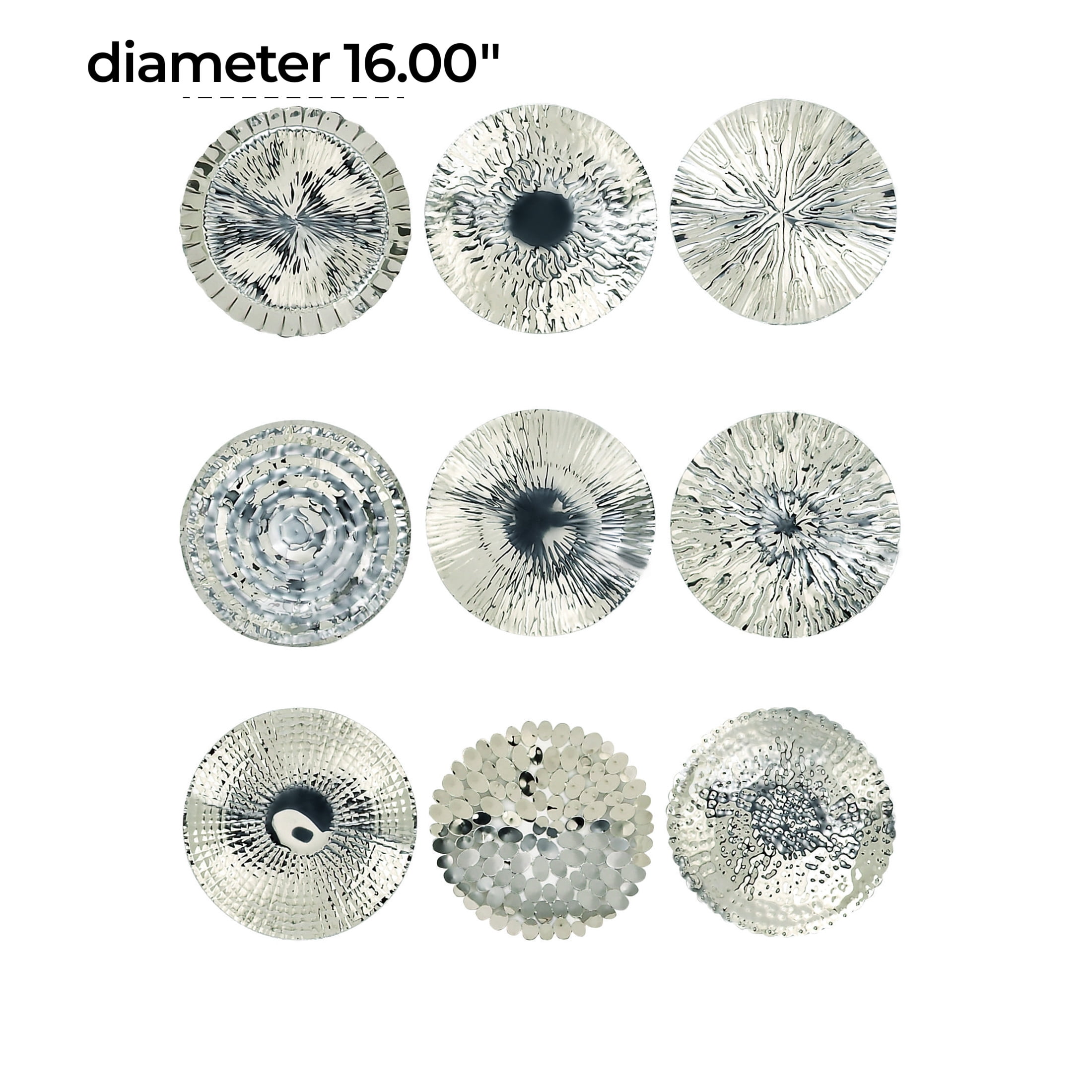 DecMode Silver Stainless Steel Metal Plate Wall Decor with Hammered Design (9 Count)