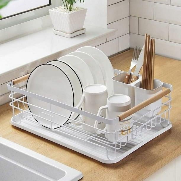 Escurridor de platos, organizador de escurridor de platos que incluye tabla de drenaje extraíble y soporte para utensilios, escurridor de platos de gran capacidad para cocina (blanco) Shine Electroni