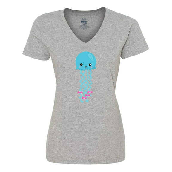 Inktastic Blue Jellyfish, Cute Jellyfish With Pink Ribbons Women's V-Neck T-Shirt