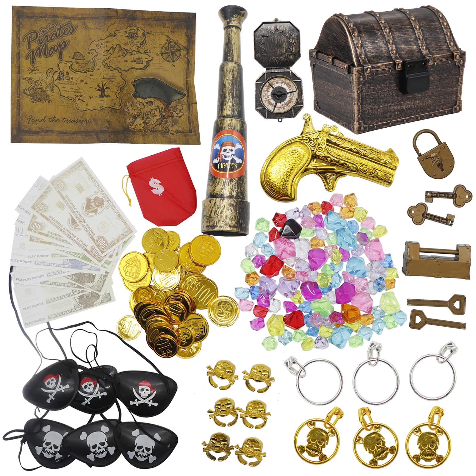 Mini Transparent Gold Pirate Treasure Chest, Treasure Hunt toy Set  Accessories with Lock, 3 Medals, 5 Rings, 2 Earrings, 100 Thumb Colorful  Coins, 100