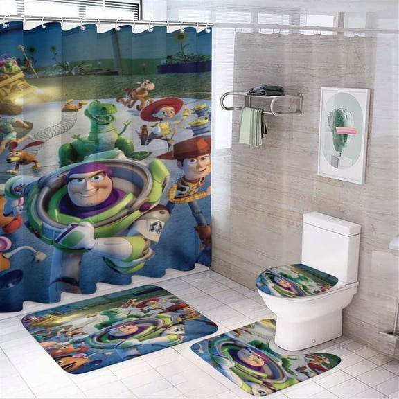4 Pcs Toy Story Bathroom Set with Shower Curtain with Non-Slip Rugs, Toilet Lid Cover And Non-Slip U Shape Bath Mat, Bathroom Decoration with 12 Hooks 72 X 72 Inches