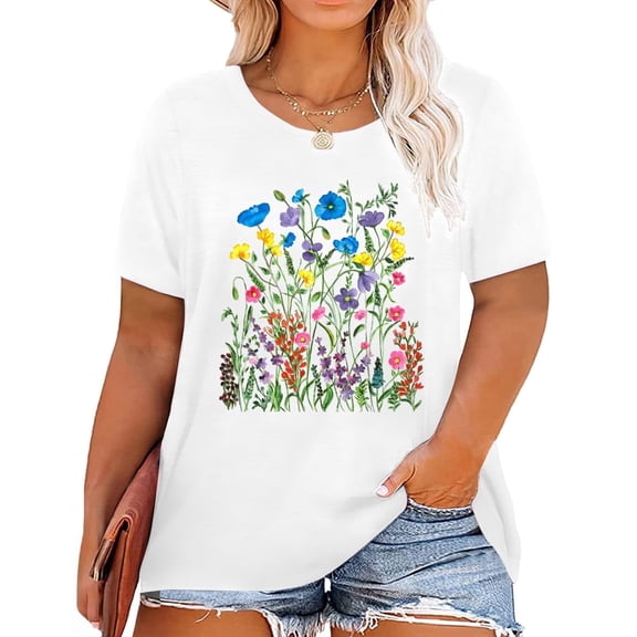 DEXIO Plus Size Vintage Floral T Shirts for Women Boho Wildflower Graphic Tees Cute Short Sleeve Casual Tops,5X