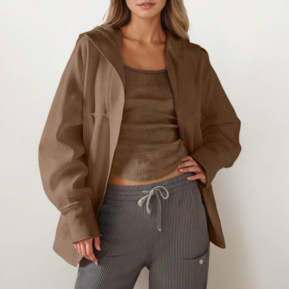 ZHOGXU Women's Hooded Coat Long Sleeve Open Front Solid Color Comfortable Loose Fit Jacket For Casual Daily Wear Coffee S