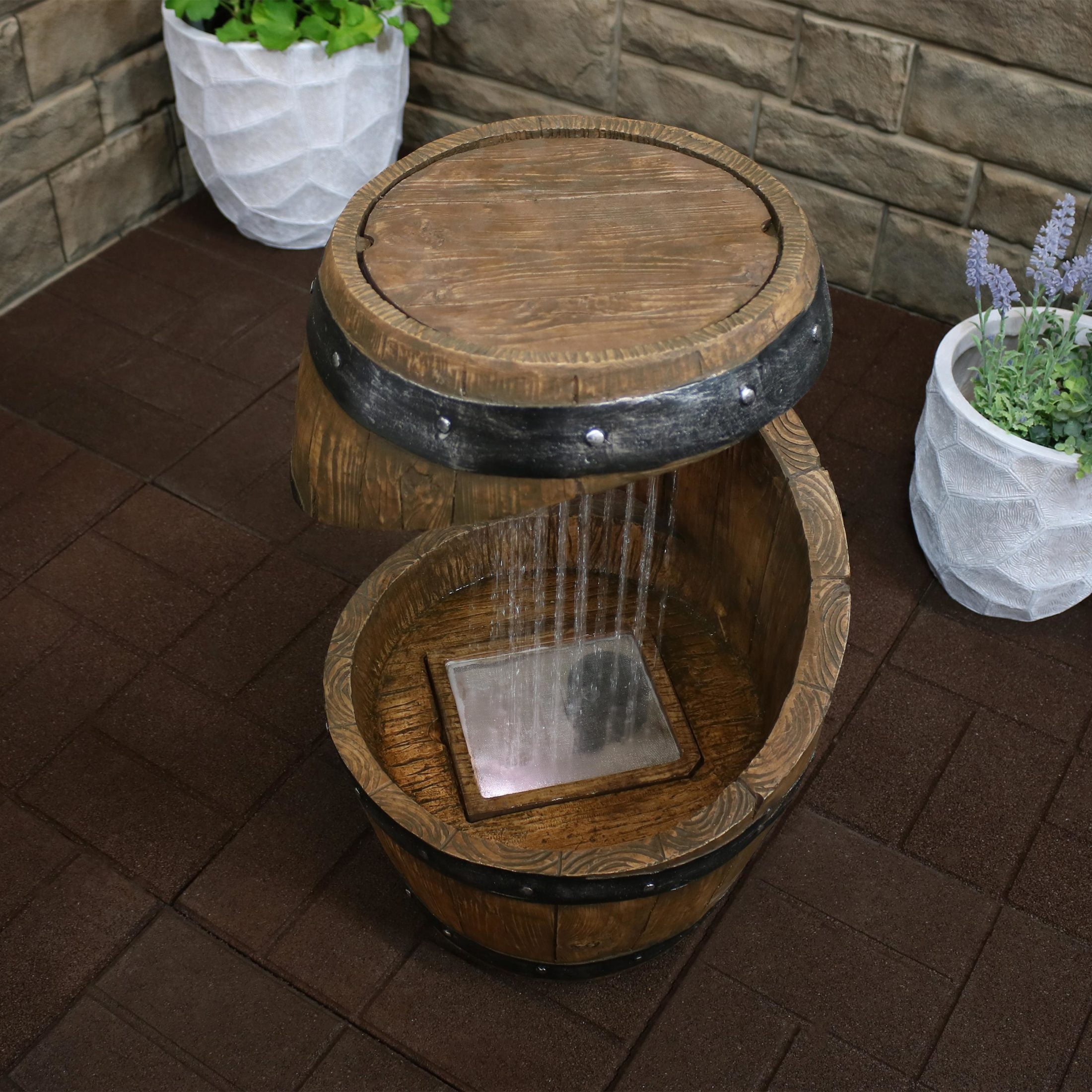 Sunnydaze Spiraling Barrel Resin Outdoor Water Fountain with Light