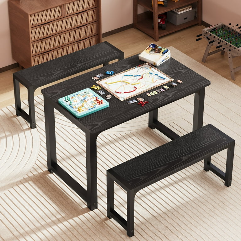 Hooseng Kitchen Table Set With Two Benches, Dining Table Set For 4-6 Persons, Space-Saving 47 Inch Small Kitchen Table Set For Breakfast Nook, Living Room, Apartment, Restaurant, Black