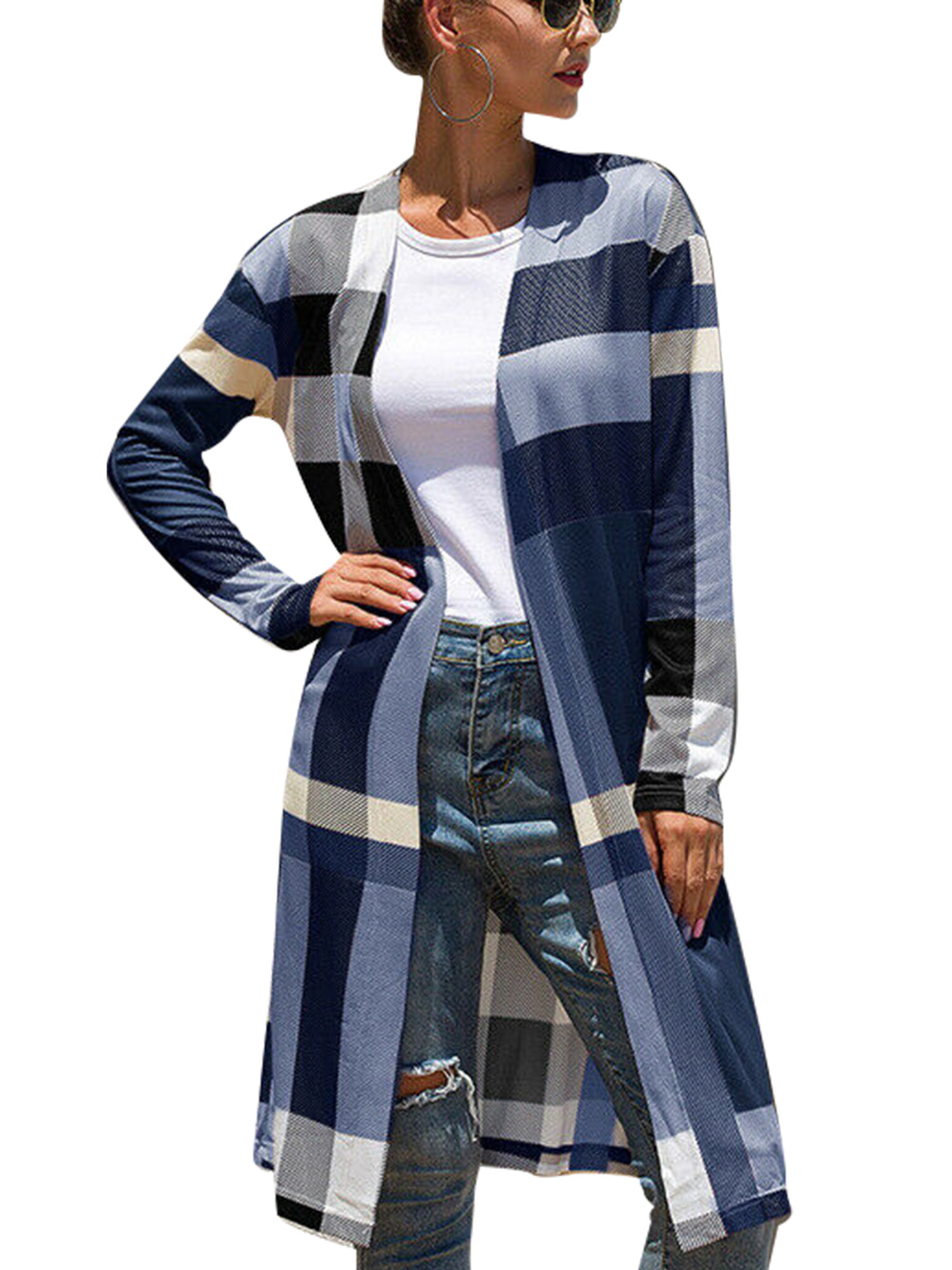 Womens Long Cardigan Christmas Plaid Stripe Patchwork Long Sleeve Fall Tops Open Front Jacket Coat with Pocket