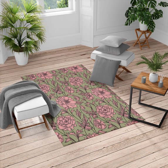 Aster Turkish Area Rug, Earth Tones Flower Petals Autumn Classic Flourishing Mother Nature Design, Soft Carpet for Living Room Decor with Distressed Look, 5.2' X 7.6', Peacock Green, by Ambesonne