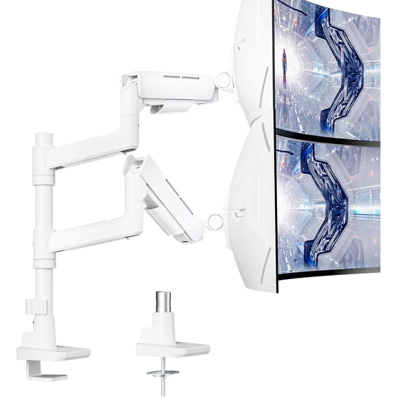 ARES WING Dual Monitor Mount for 17–49" Ultrawide Screens, Heavy Duty Gas Spring Monitor Arm Desk Mount, Height Adjustable Dual Monitor Stand with Clamp & Grommet, VESA 75x75 100x100, White