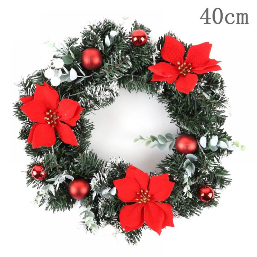 Foughi Elegant Red Christmas Front Door Wreath with Center Led Candle Light Wreath Christmas Garland Window Door Wall Ornament Decorations Red