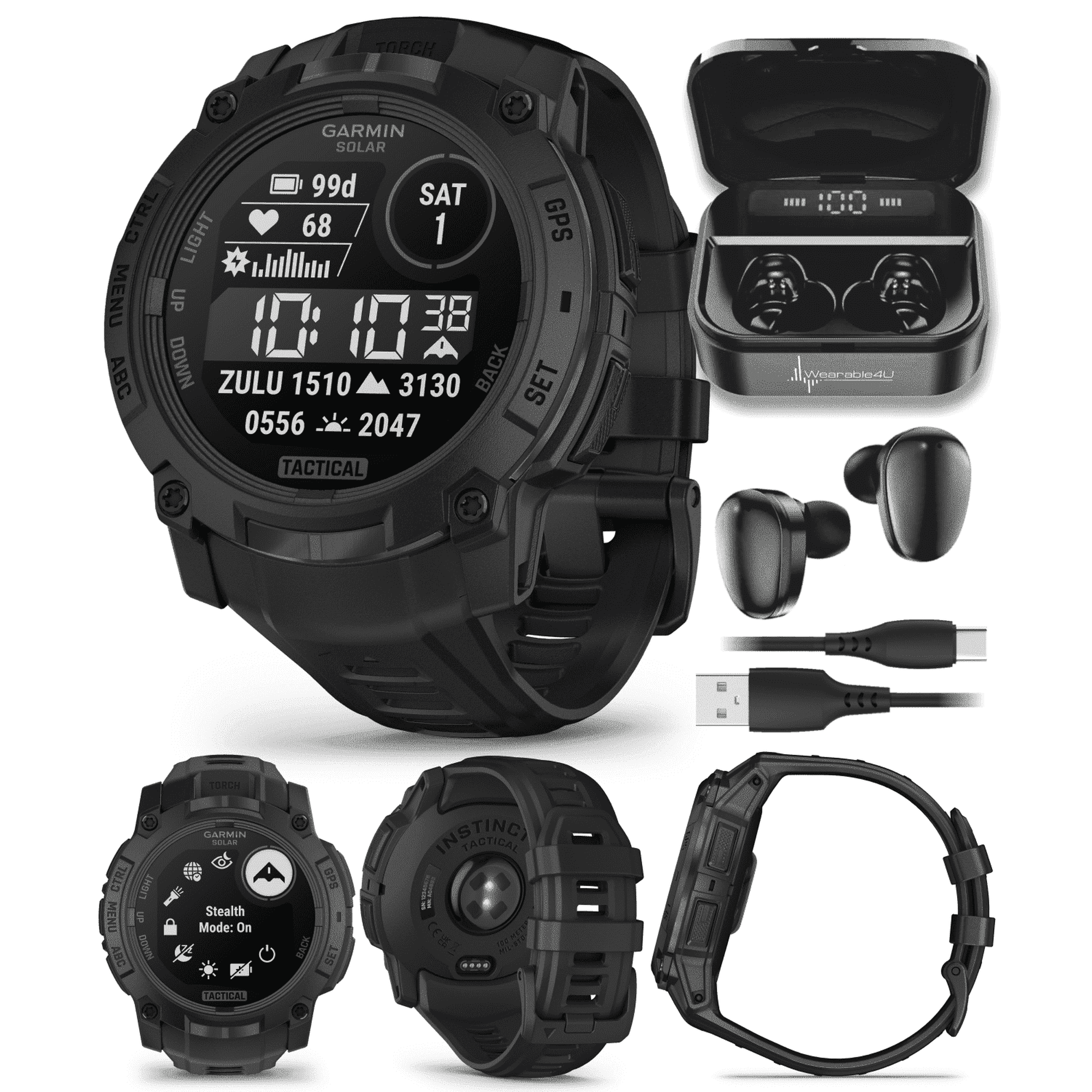 Garmin Instinct 3 Tactical Edition, Solar Charging Display, 50mm, Rugged Outdoor GPS Smartwatch with Wearable4U Black EarBuds Bundle