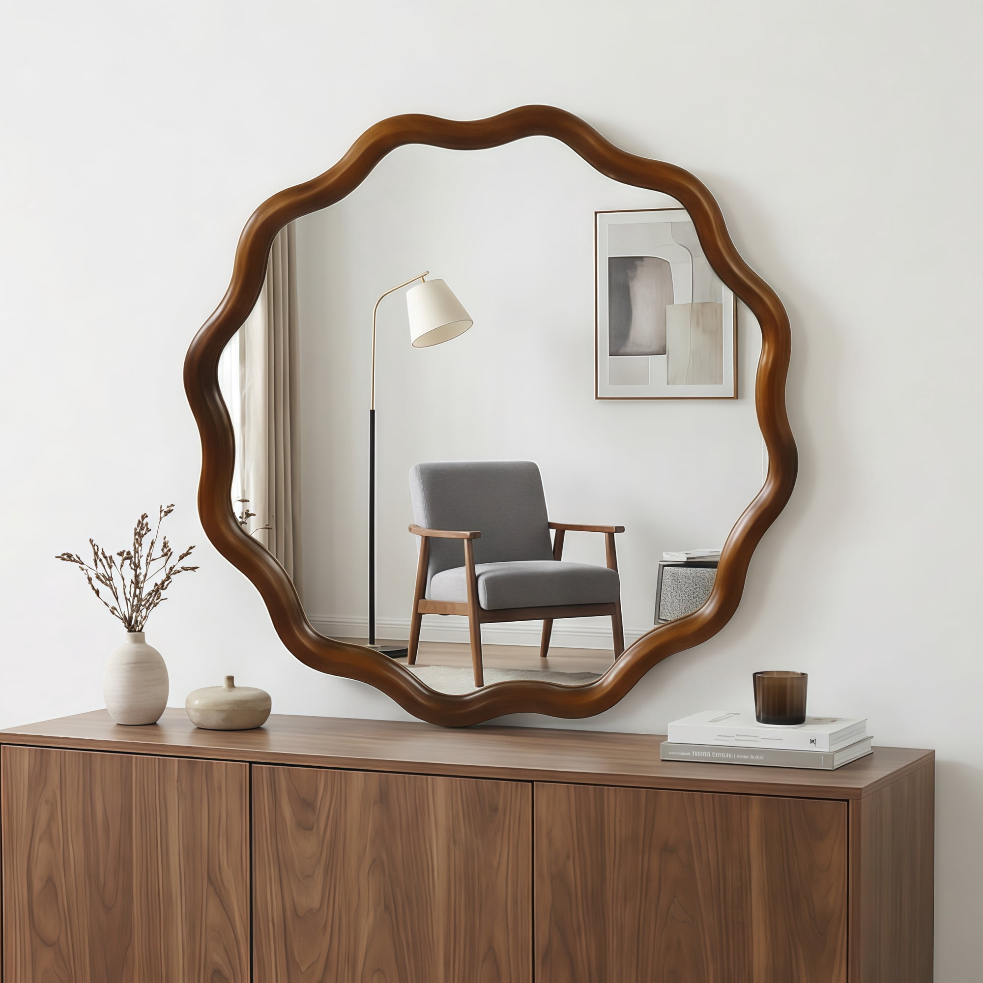 Leumius 30" Wavy Round Mirror, Solid Wood Frame Decorative Mirror for Bedroom Bathroom Living Room Entryway Dark Walnut