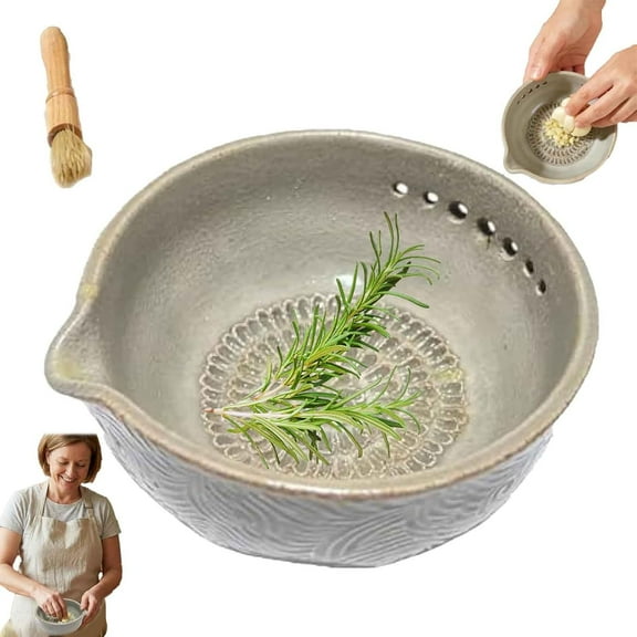 Handmade Garlic Grater & Herb Bowl,2-in-1 Stoneware Kitchen Grater Plate Tools,Efficient Stoneware Herb Stripping Tool,5 Hole Sizes,with Drainage Port