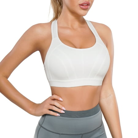 

Junlan Women High Impact Sports Bra with Adjustable Straps Racerback Running Bras Wireless Hook Quick Dry Max Support(White M）