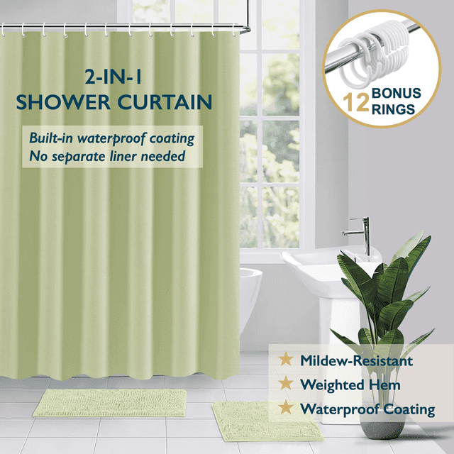 ComfiTime Cortina de Ducha con Ganchos: Cortina de Baño Resistente Al Moho y a los Hongos, Lavable a Máquina, Color Salvia Del Desierto, 72 X 96