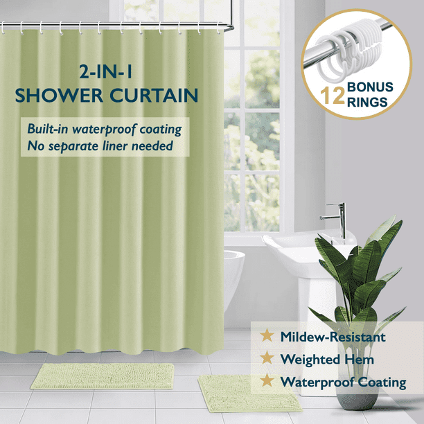 ComfiTime Cortina de Ducha con Ganchos: Cortina de Baño Resistente Al Moho y a los Hongos, Lavable a Máquina, Color Salvia Del Desierto, 72 X 96