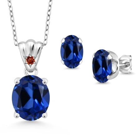 Gem Stone King 925 Sterling Silver Blue Created Sapphire and Red Garnet Pendant and Earrings Jewelry Set for Women (8.25 Cttw Gemstone Birthstone Oval 11X9MM and 8X6MM with 18 inch Silver Chain)