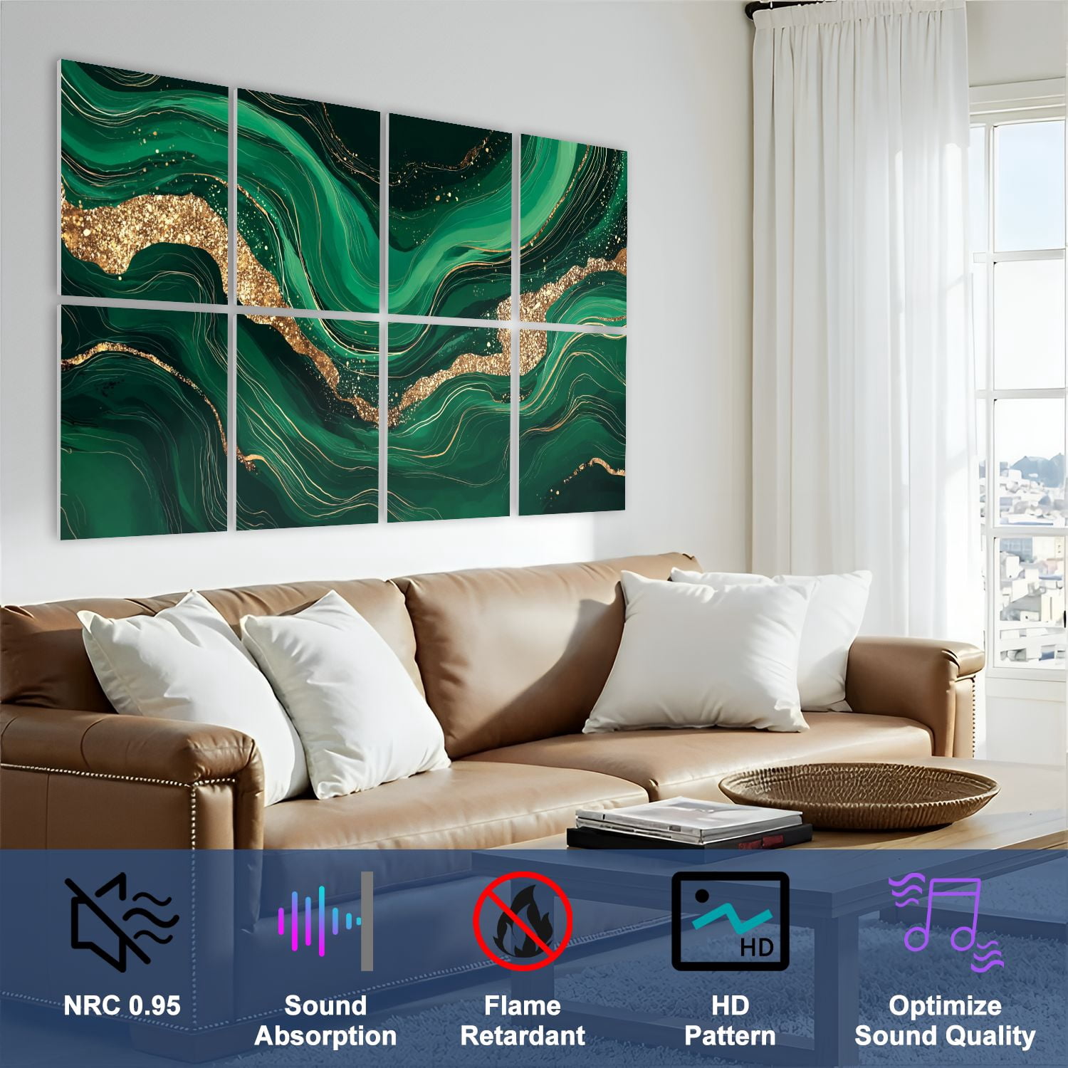 Marble 8 Pack Art Acoustic Panels Sound Absorbing luxury Green marble gold texture Dark green emerald marbling Decorative Soundproof Wall Panels Self Adhesive for Nursery Game Room Bedroom 48"x32"