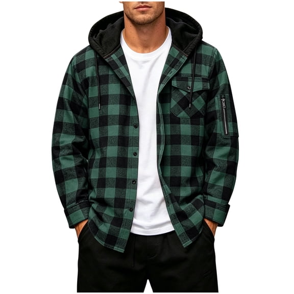 hoksml Men's Large-Block Plaid Hooded Shacket Button Down Long Sleeve Shirt Jacket Casual Everyday Outerwear