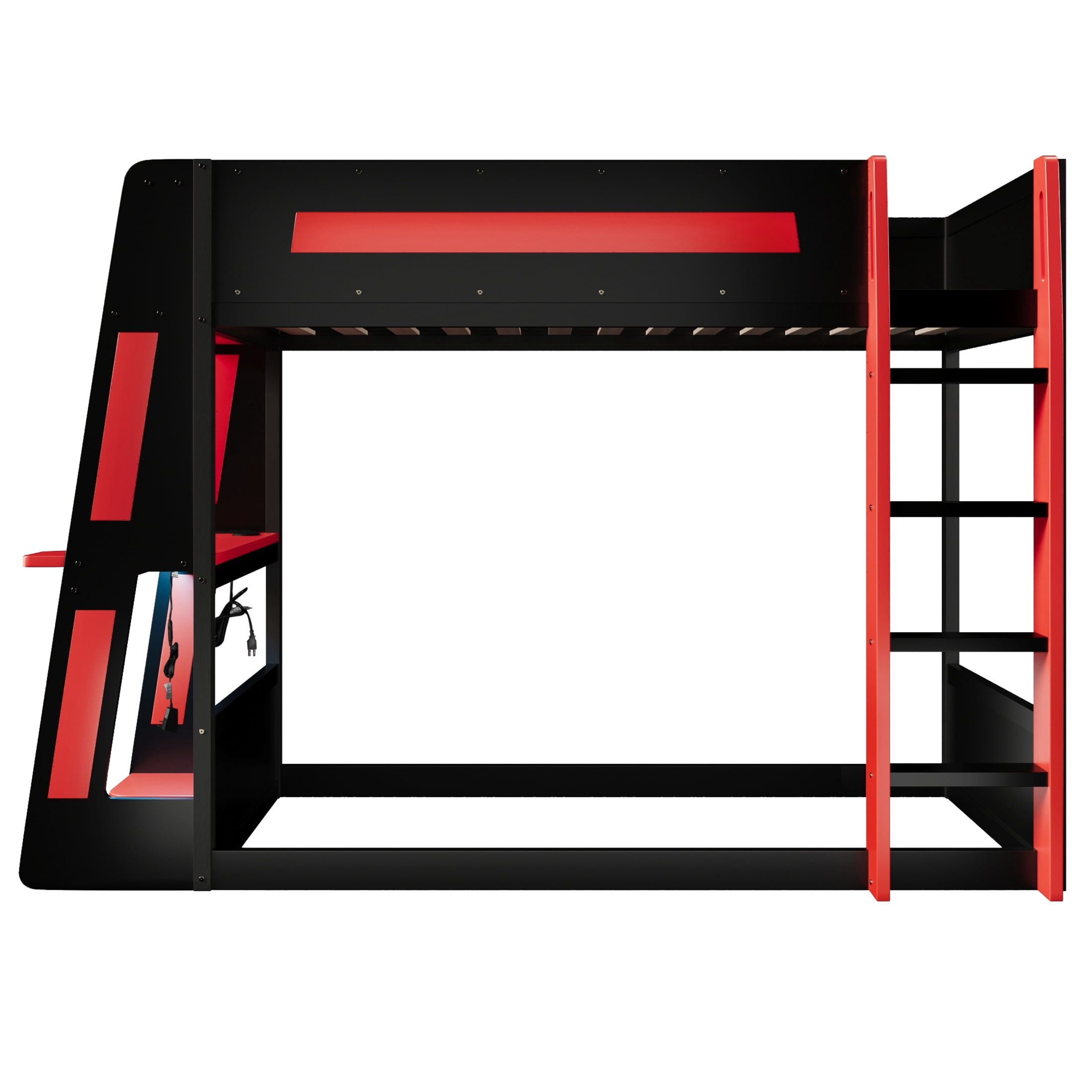 Noble House Nira Twin Gaming Bunk Bed with Desk and LED Lights, Wood Loft Bed with Charging Ports, Black and Red