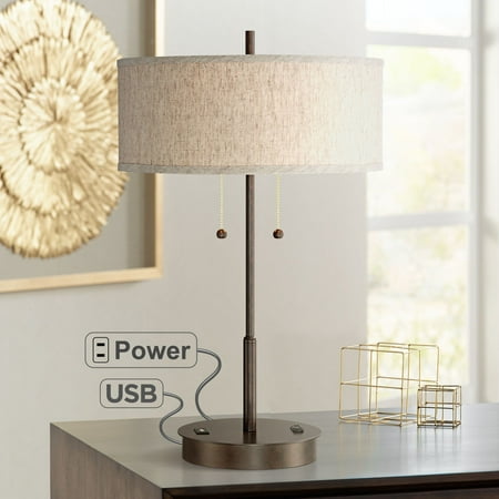 Lamps Modern Style 360 Lighting Modern Table Lamp with Hotel Style USB and AC Power Outlet in Base Bronze Fabric Drum Shade for Living Room Bedroom Office ()