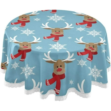 SKYSONIC Cute Reindeer Snowflakes Tablecloth Red Scarf Winter Round Tablecloths Polyester Tablecover Cloths Washable Tabletop Runner Kitchen Party Picnic Dining Home Decor 60inch
