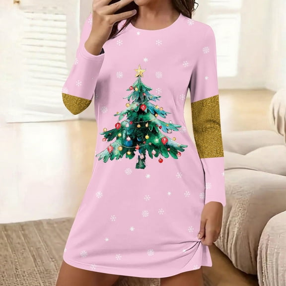 FDGIU Women's Christmas Sleep Dress, Long Sleeve Comfy Soft Nightie, Round Neck Tshirt Dress Casual House Dress