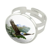 Bald Eagle Flying Over the Mountains Scenic Silver Plated Adjustable Novelty Ring