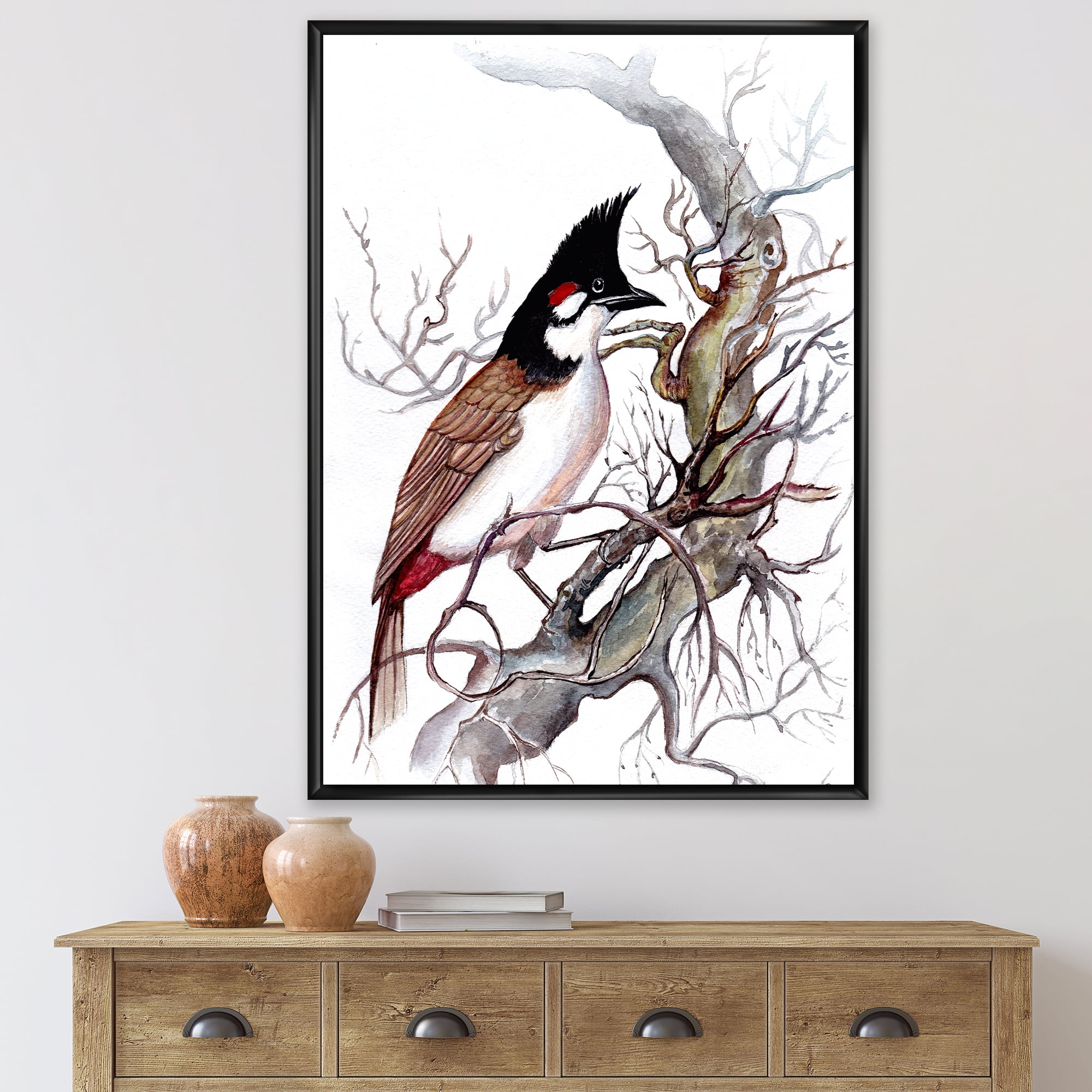 Designart 'Ancient Beautiful Bird On A Branch' Traditional Framed Canvas Wall Art Print