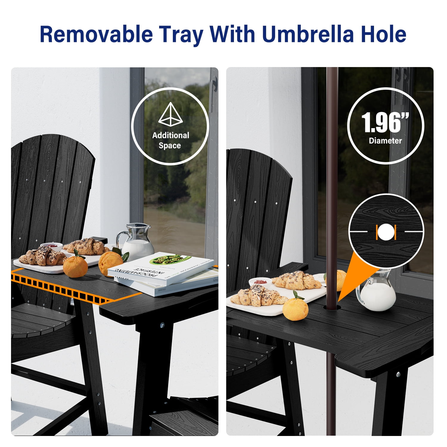 WINSOON Tall Adirondack Chair Set of 2 with Connecting Tray,Outdoor Bar Stools-Black