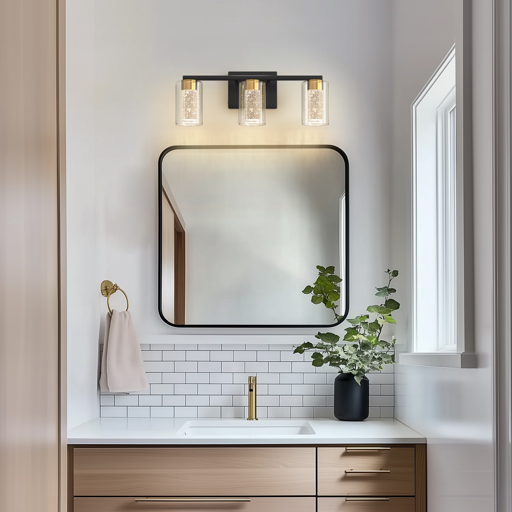 YANSUN 18 in 3-Light Black and Gold LED Bathroom Vanity Light, Warm to Cool Lighting with Clear Glass for Mirror, for Bathrooms, Powder Rooms, or Vanity Nooks