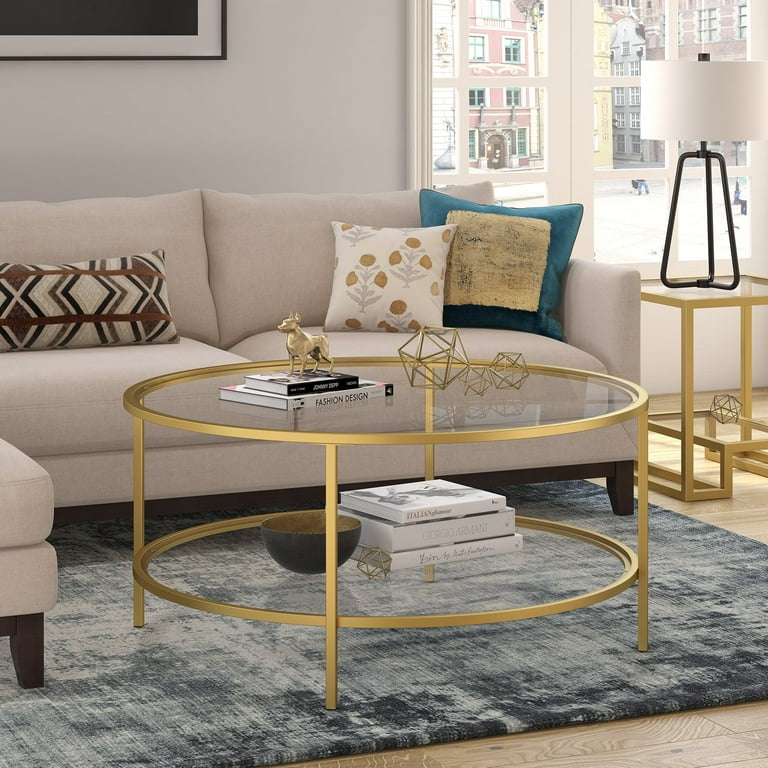 Evelyn Zoe Sivil 36 Wide Round Coffee Table with Glass Top Brass