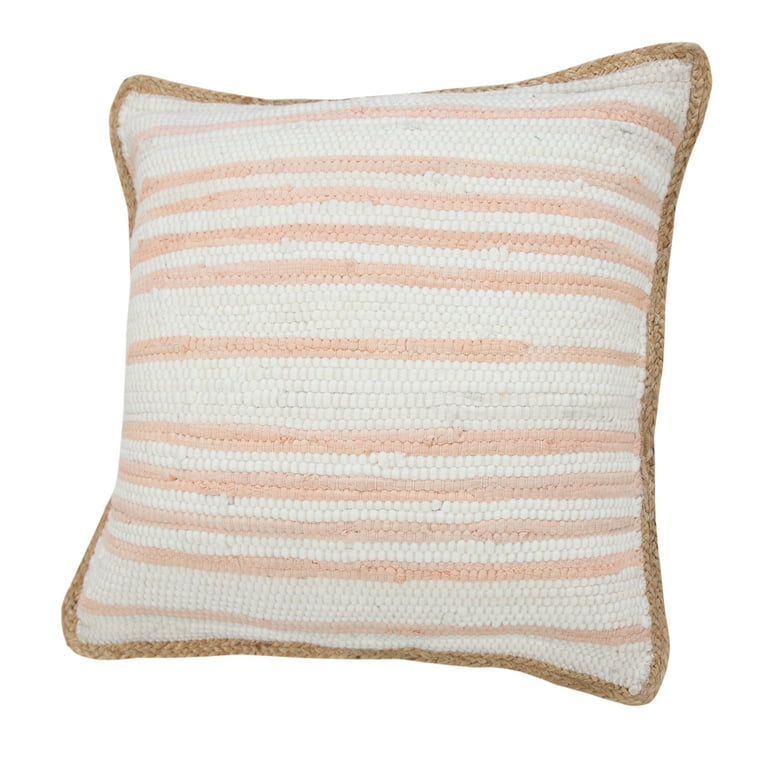 Ox Bay Riley Striped Jute Bordered Throw Pillow, Coral Pink / White, 20 inch x 20 inch