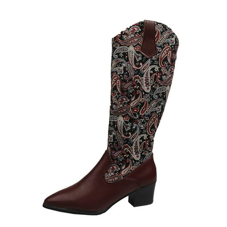 

jsaierl New Autumn And Winter Women s Boots Ethnic Style Retro Thick Heel High Tube Back Zipper Embroidered Large Size Knight Boots