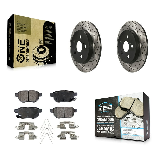Transit Auto Rear Coated Drilled Slotted Disc Brake Rotors and Ceramic Pads Kit for Car Toyota Corolla Matrix Prius Prime Pontiac Vibe AWD-e Lexus CT200h Plug-In KDT-100432