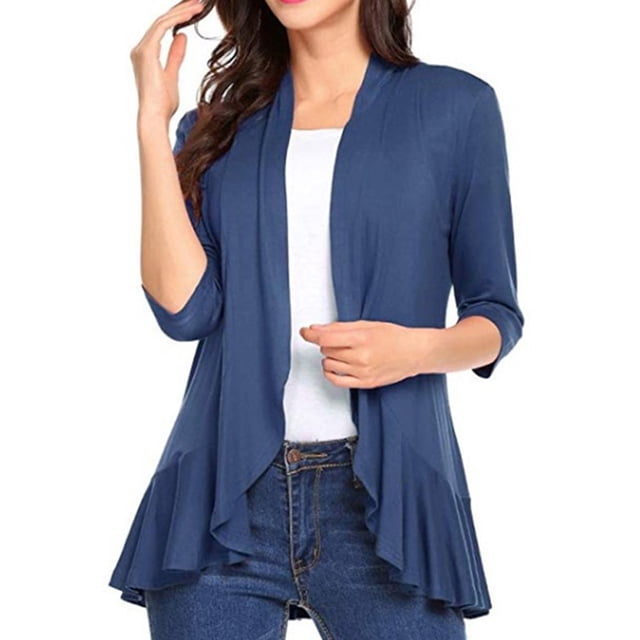Sunloudy Mujeres Primavera Otoño Cardigan Tops, 3/4 Manga Casual Color sólido Volantes Dobladillo Delgado Tops Abrigo Sunloudy moda