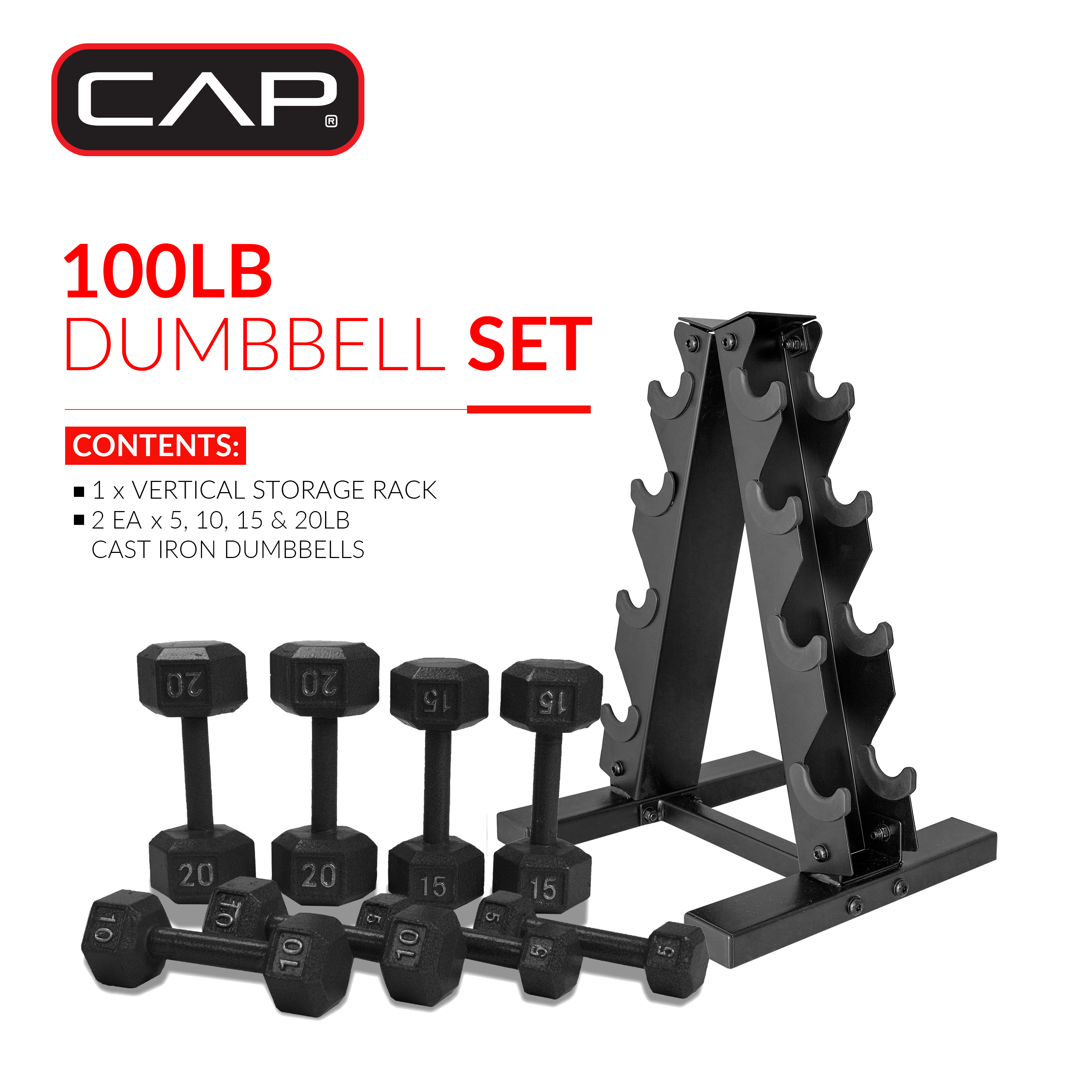 Cap Barbell 100 lb Cast Iron Hex Dumbbell Weight Set with Rack photo 3