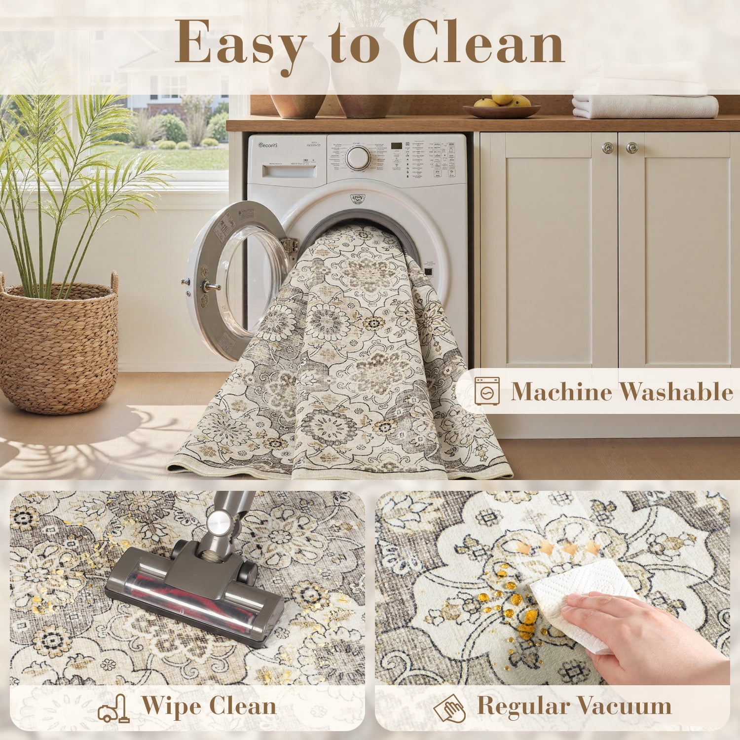 SIXHOME 9'x12' Area Rugs for Living Room Washable Vintage Floral Rugs Artistic Carpet Neutral Soft Rugs for Bedroom Dinning Room Office Home Decor Beige
