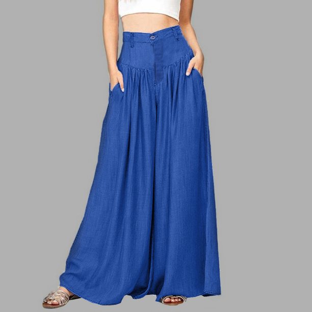 Pantalones de mujer, pantalones de pierna ancha, pantalones sueltos de cintura alta Irfora Azul/Grande