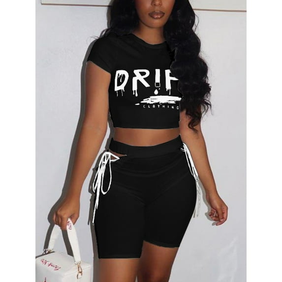 LovelyWholesale Women's Chic Letter Print Bandage Hollow-out Design Black Two Piece Shorts Set