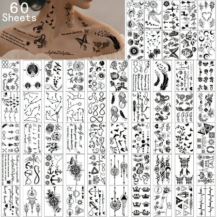 Yazhiji Tiny Waterproof Temporary Tattoos - 60 Sheets, Moon Stars Constellations Music Compass Anchor Words Lines Flowers for Kids Adults Men and Women
