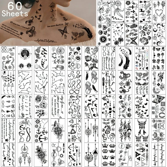 Yazhiji Tiny Waterproof Temporary Tattoos - 60 Sheets, Moon Stars Constellations Music Compass Anchor Words Lines Flowers for Kids Adults Men and Women
