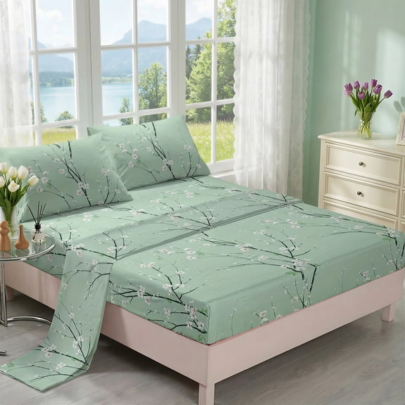 Floral Print 4-Piece Bedding Set with Fitted Sheet, Soft Breathable Linens, All Season Machine Washable, Multi Sizes, Bedroom Decor, Thanksgiving Christmas Holiday Gift(Green,Twin)