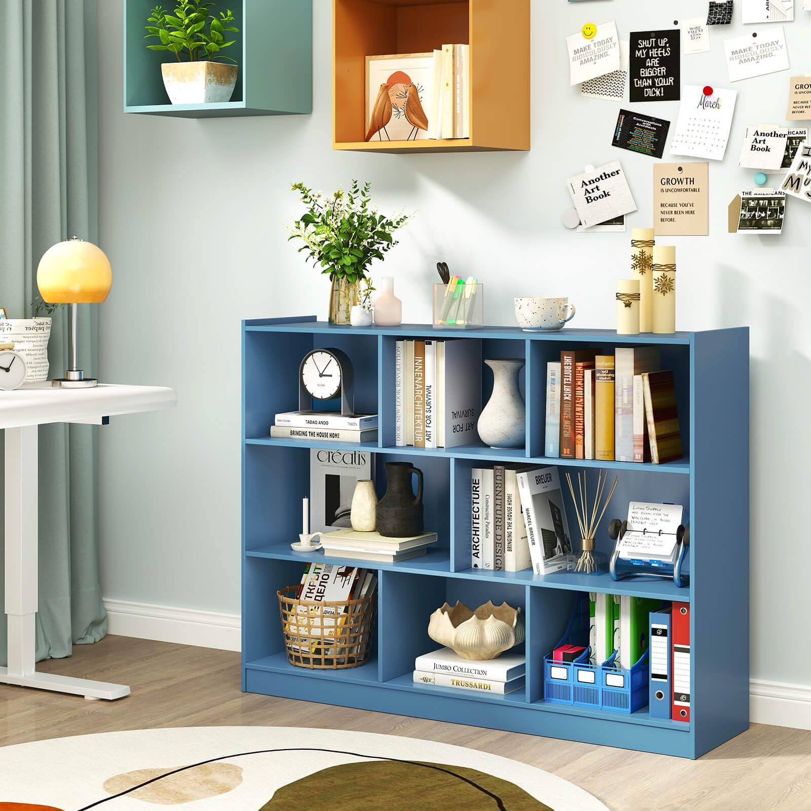 Costway 8 Cube 3-Tier Open Wooden Bookshelf Toy Storage Organizer with Anti-toppling Kits Blue