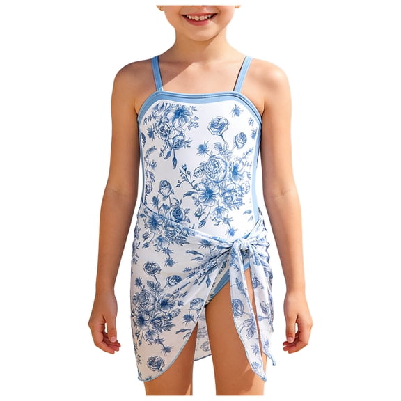 BOBOGOJP 9-10Y Girls One Piece Swimsuit Sarong Ruched Bathing Suit for Beach Pool Light Blue for Size 12-13 Years