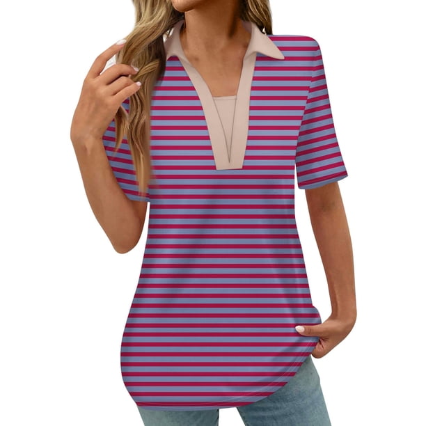 Tops Cortos para las Mujeres Blusas Impresas Manga Corta Turndown Collar Camiseta, Tops de Blusa para las Mujeres Casual